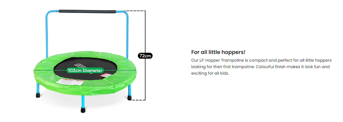 Green trampoline with blue handle, 102cm diameter